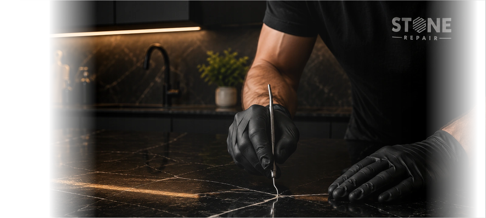 Detail of stone repair work at an installed benchtop